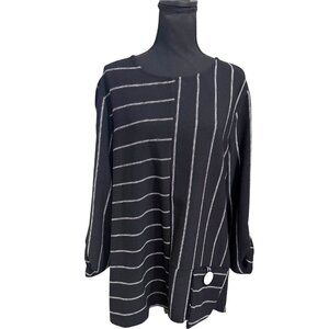 Ali Miles Black White Striped Tunic Top With Button Detail Pocket XL Lagenlook